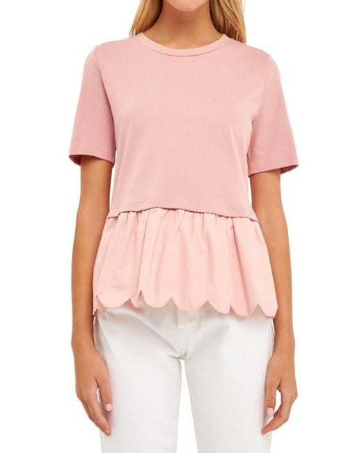English Factory Multicolor Mixed Media Scallop Peplum Cotton Top
