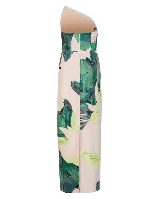MILLY Green Tropical Forest Jacquard Strapless Midi Dress