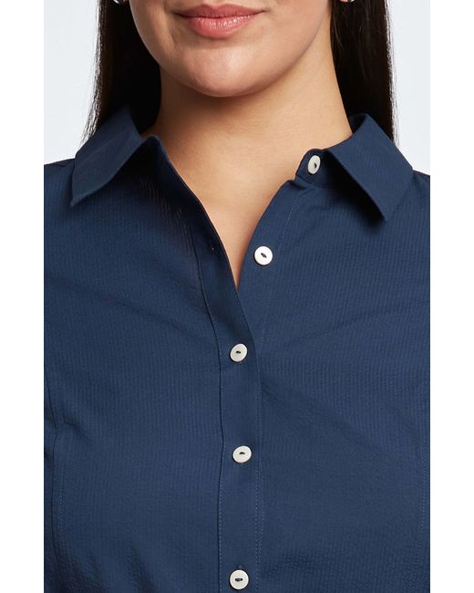 Foxcroft Blue Fiona Belted Seersucker Shirtdress