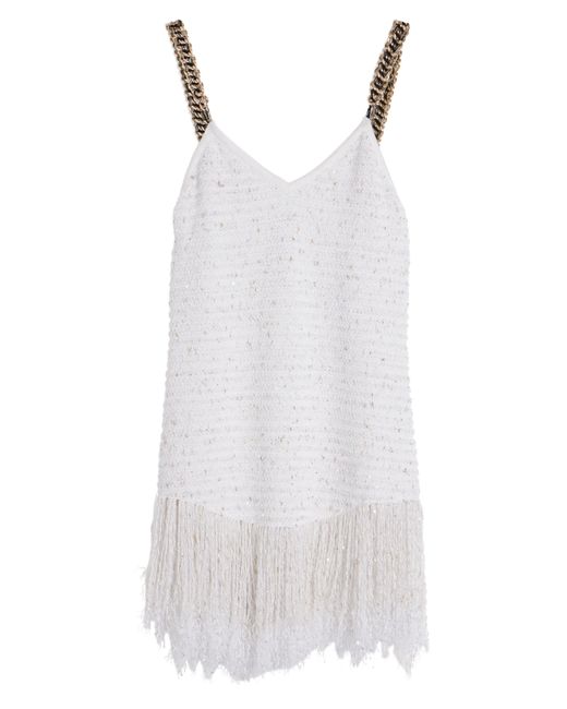 Balmain White Chain Strap Fringe Tweed Minidress