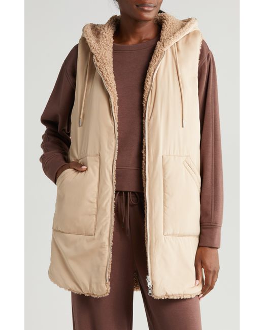 Zella Natural Cozy Insulated Hooded Faux Shearling Reversible Vest