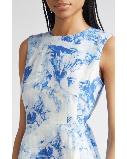 Lafayette 148 New York Blue Floral Sleeveless Silk & Linen Fit & Flare Dress