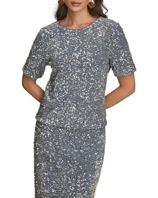 Donna Karan Gray Sequin Crewneck Top