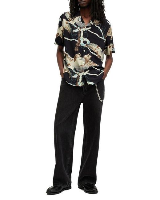 AllSaints Black Buzzard Print Camp Shirt for men