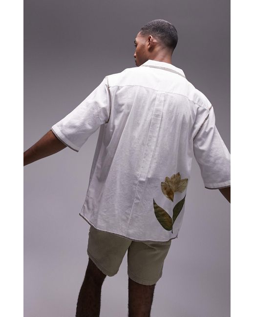 Topman Gray Floral Print Oversize Cotton & Linen Camp Shirt for men