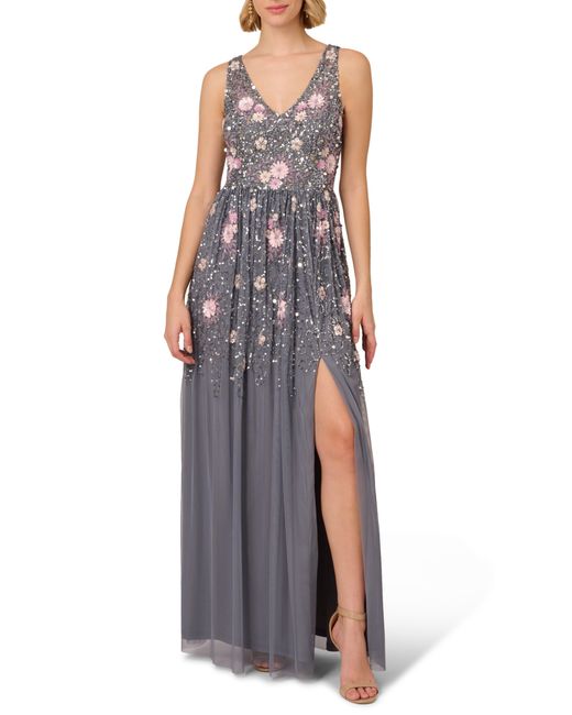 Adrianna Papell Purple Floral Beaded Sleeveless Mesh Gown