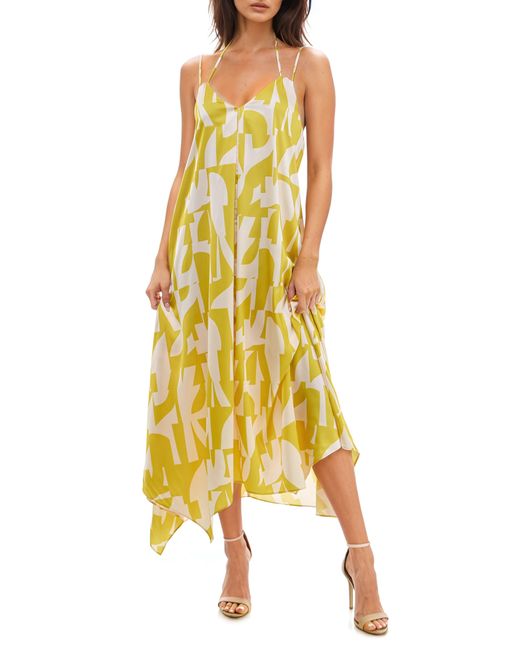 Socialite Yellow Geo Print Handkerchief Hem Midi Dress