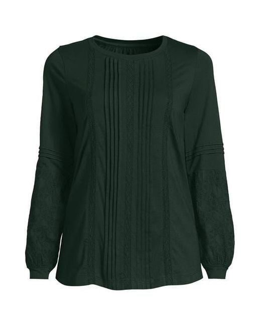 Lands' End Green Lightweight Jersey Lace Mix Long Sleeve Pintuck Top