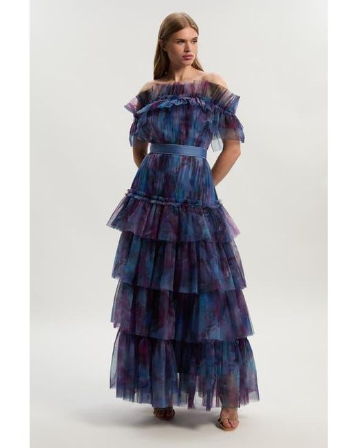 karen millen off the shoulder dress Karen Millen Drapey Crepe Off The Shoulder Ruched Detail Fishtail Maxi Dress in Red