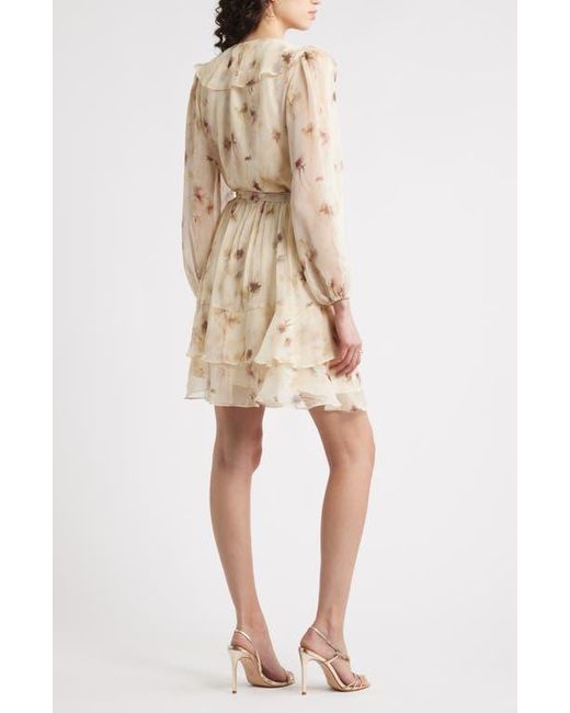 Chelsea28 Natural Floral Ruffle Trim Long Sleeve Chiffon Minidress