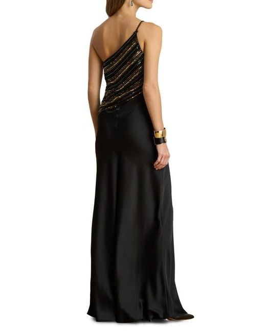 Ralph Lauren Beaded Mesh One-Shoulder Gown in Black | Lyst