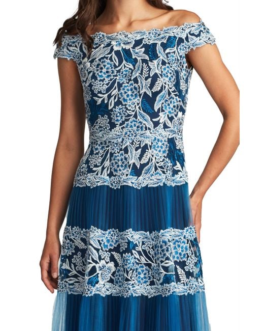 Tadashi Shoji Blue Embroidered Floral Lace Pleated Off The Shoulder Dress