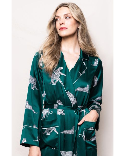 Petite Plume Green Panther Print Piped Mulberry Silk Robe