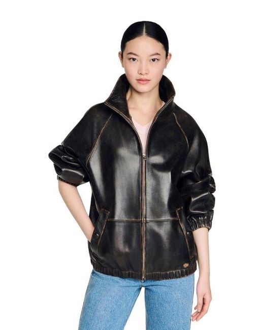 Sandro Women's Black Distressed Leather Jacket