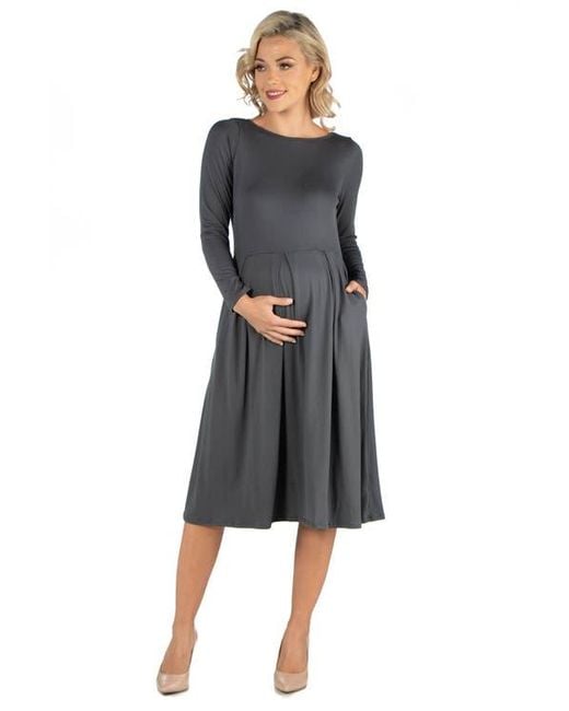 24seven Comfort Apparel Black Maternity Midi Length Fit And Flare Pocket Dress