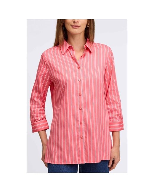 Foxcroft Pink Evelyn Stripe Three-Quarter Sleeve Cotton Button-Up Shirt