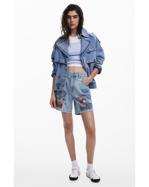 Desigual Blue Patchwork Pattern Denim Shorts