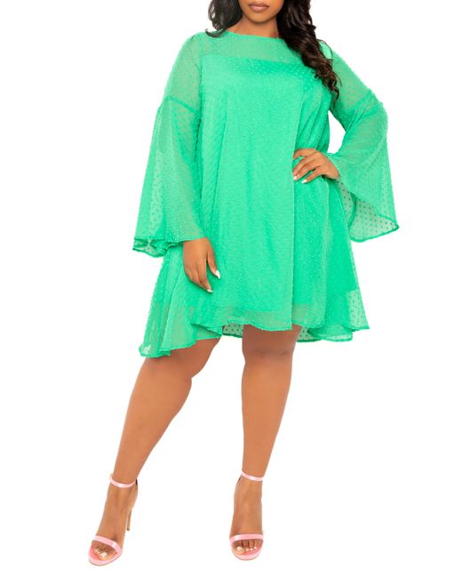Buxom Couture Green Swiss Dot Long Sleeve Chiffon Shift Dress