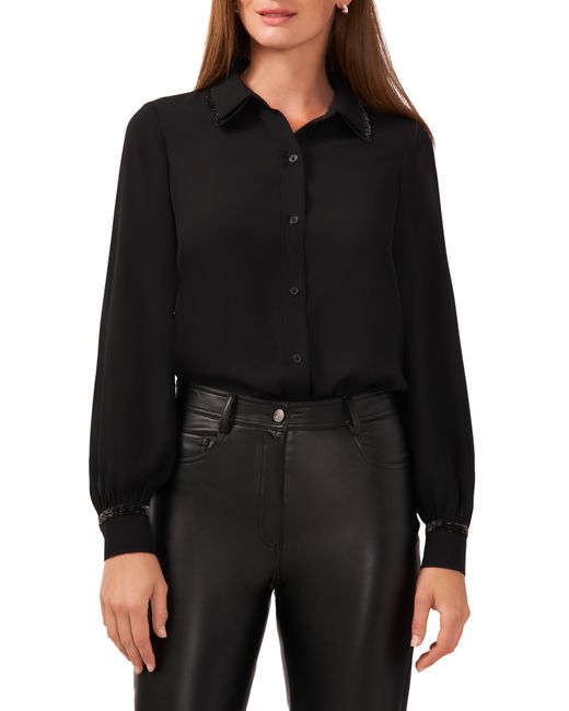 Halogen® Black Halogen(r) Shimmer Collar Long Sleeve Button-up Georgette Shirt