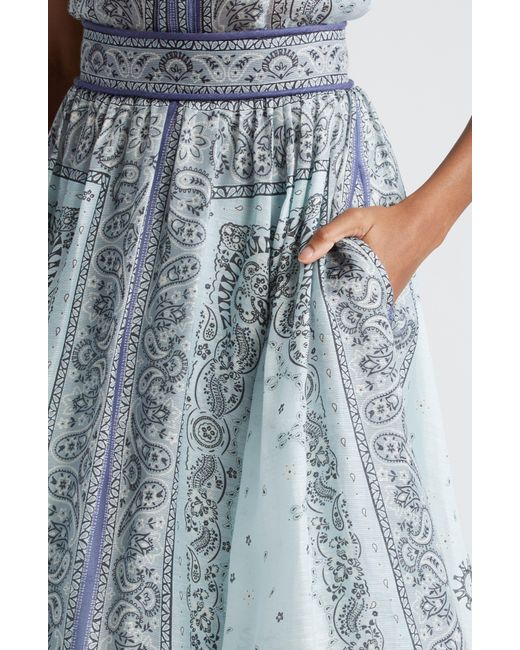 Zimmermann Blue Matchmaker Gathered Linen & Silk Maxi Skirt