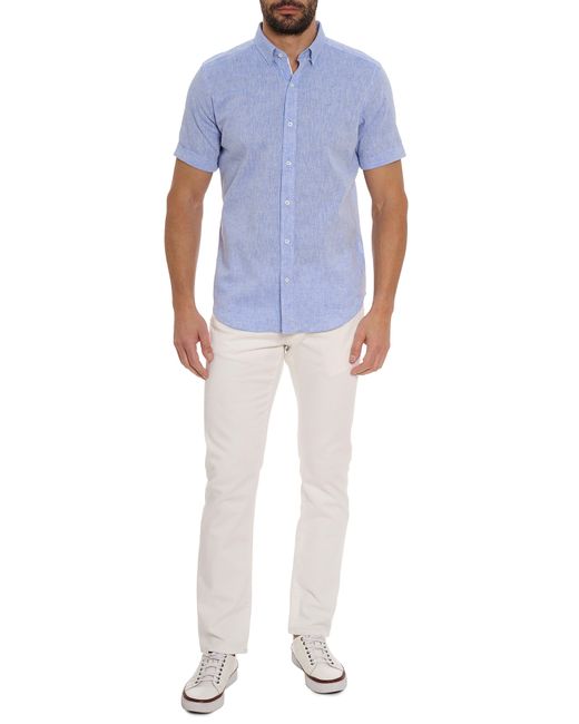Robert Graham Blue Palmer Tailored Fit Short Sleeve Linen Blend Button-up Shirt for men