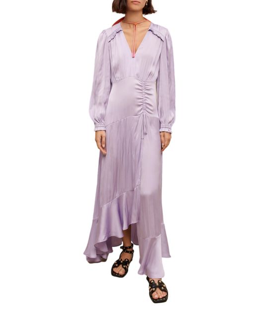 Maje Rouvina Ruffle Ruched Long Sleeve Satin Dress in Purple | Lyst