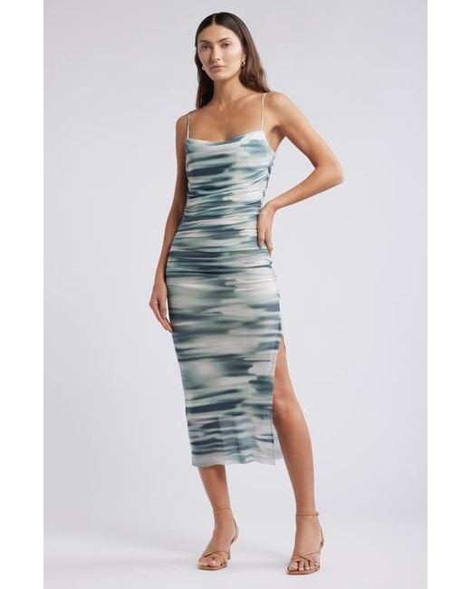 Open Edit Blue Shirred Mesh Midi Dress