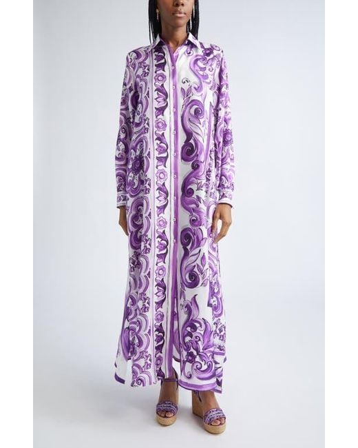 Dolce & Gabbana Purple Majolica Print Long Sleeve Silk Shirtdress