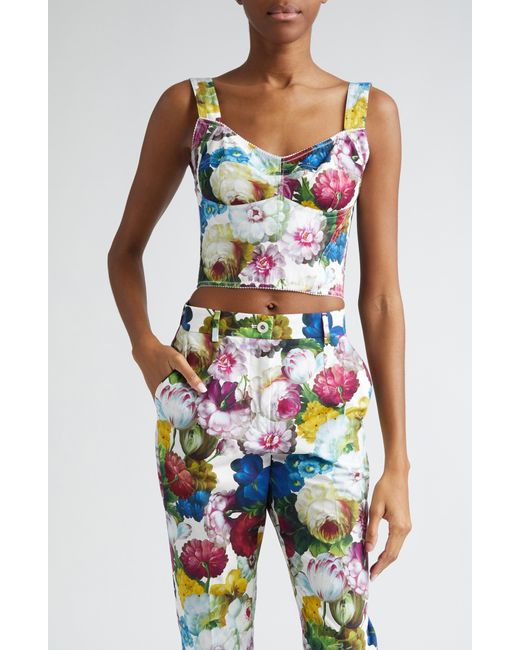 Dolce & Gabbana White Nocturnal Floral Print Bustier Top