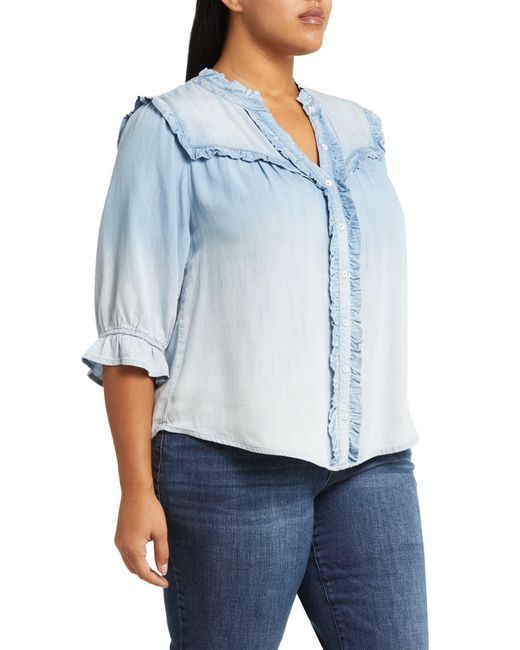 Wit & Wisdom Blue Ruffle Trim Chambray Button-up Top