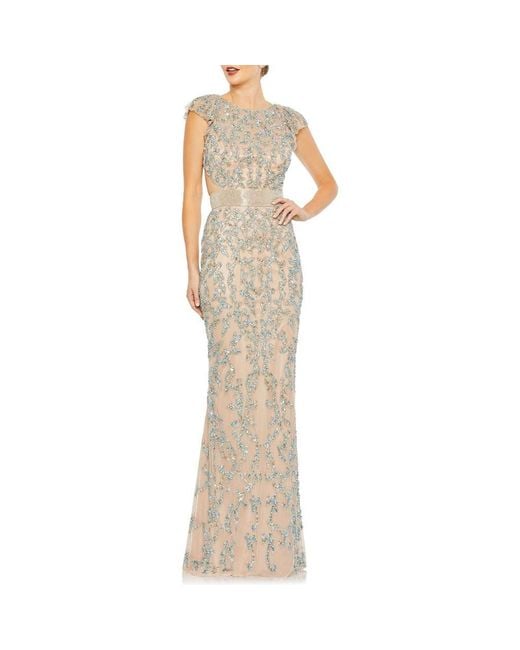 Mac Duggal Women's Natural Hand-Embellished Gown With Illusion Neckline,  Beaded Cummerbund & Lace-Up Back