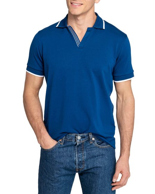 Con.struct Blue Slim Fit Solid Johnny Collar Short Sleeve Polo for men
