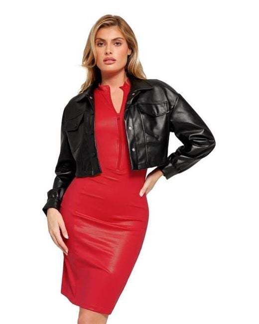 Popilush Shapewear Sculpting Faux Leather Zip Front Midi Dress in Red | Lyst