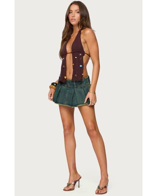 Edikted Green Beaded Distressed Split Front Halter Top