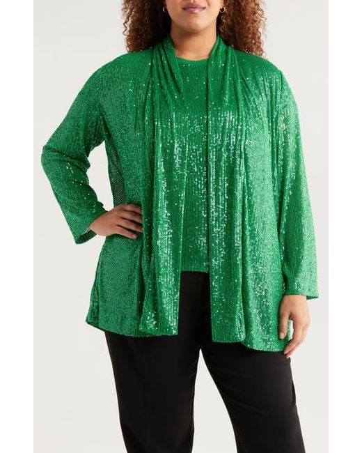 Anne Klein Green Sequin Draped Open Front Cardigan