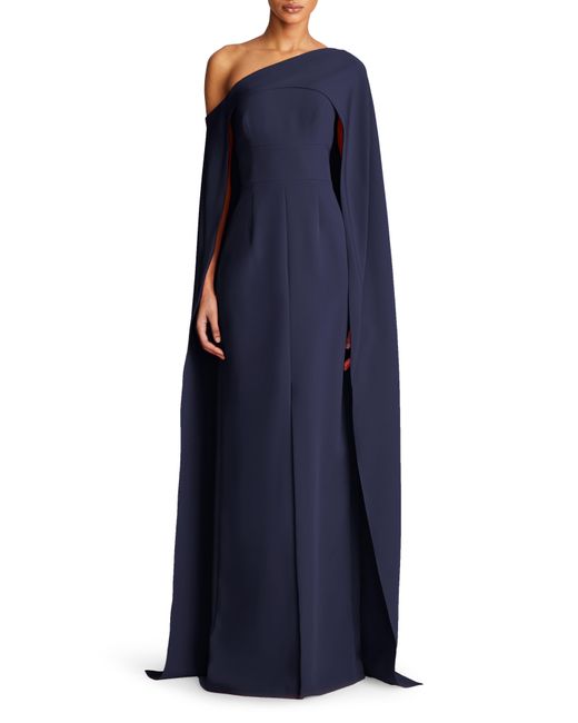 Halston Heritage Blue Elycia Capelet Stretch Crepe Gown