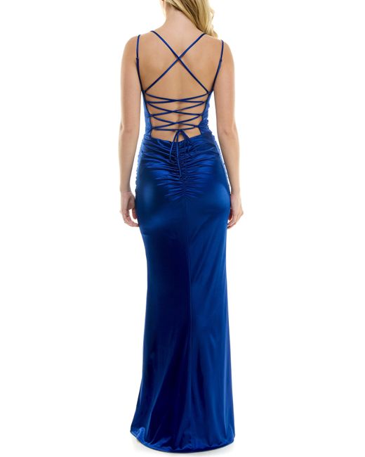 Speechless Blue Ruched Sleeveless Gown