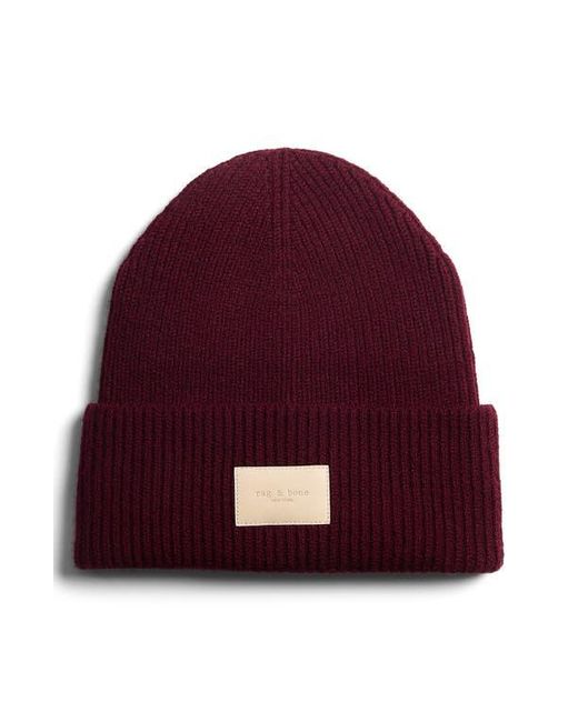 Rag & Bone Red Blake Logo Patch Wool Blend Rib Beanie