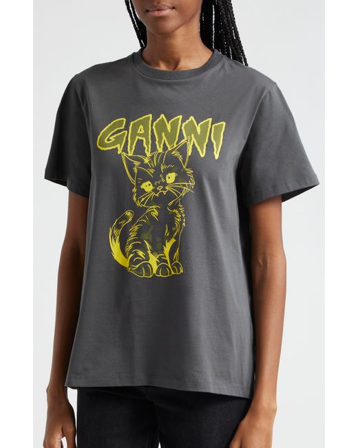 Ganni Black Kitty Organic Cotton Graphic T-shirt