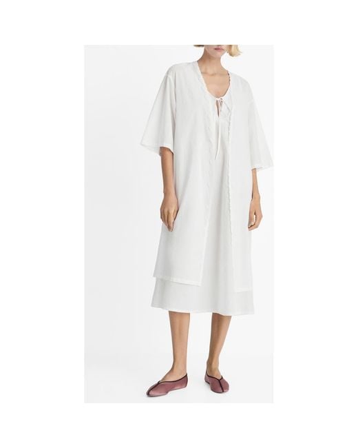 Mango Women's White Lace Trim Cotton Robe