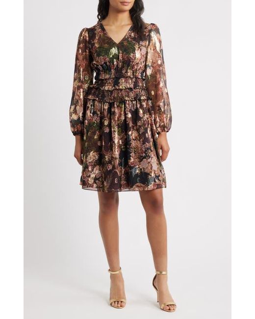 Eliza J Brown Metallic Floral Long Sleeve Dress