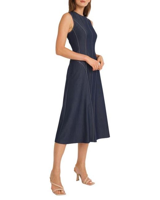 Maggy London Blue Contrast Stitch Sleeveless Denim Midi Dress