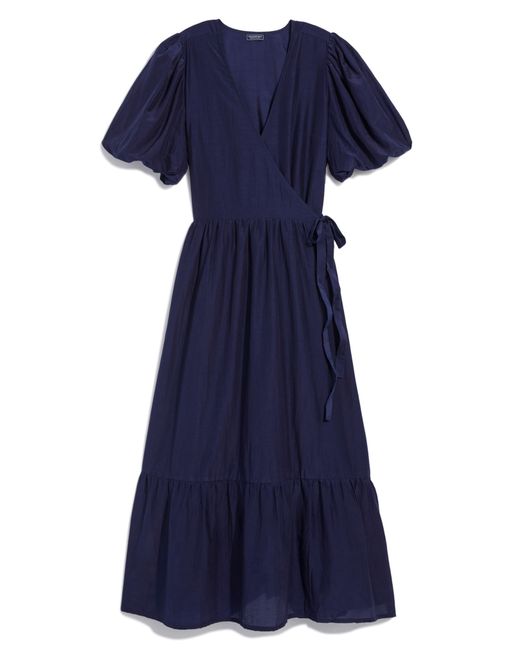 Vineyard Vines Blue Puff Sleeve Cotton & Silk Midi Wrap Dress