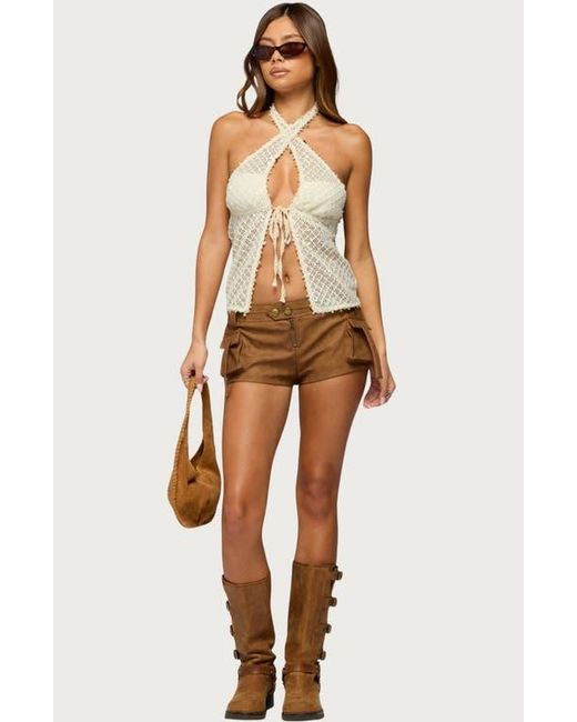 Edikted Brown Sheer Net Sequin Split Front Top