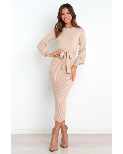 Petal & Pup Natural Helena Belted Long Sleeve Sweater Dress