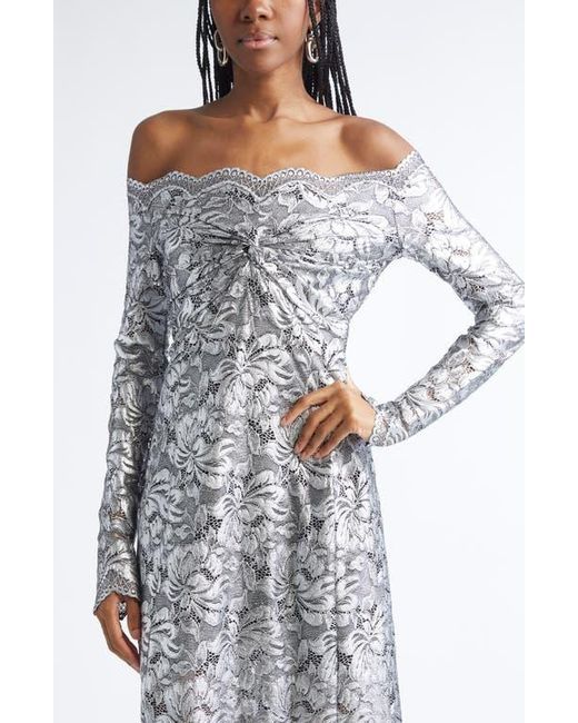 Rabanne Gray Metallic Long Sleeve Stretch Lace Dress