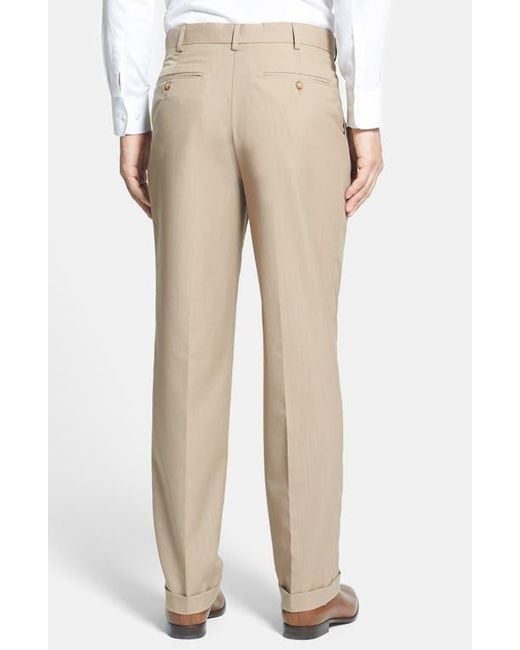 Berle Natural Self Sizer Waist Plain Weave Pleated Washable Trousers for men