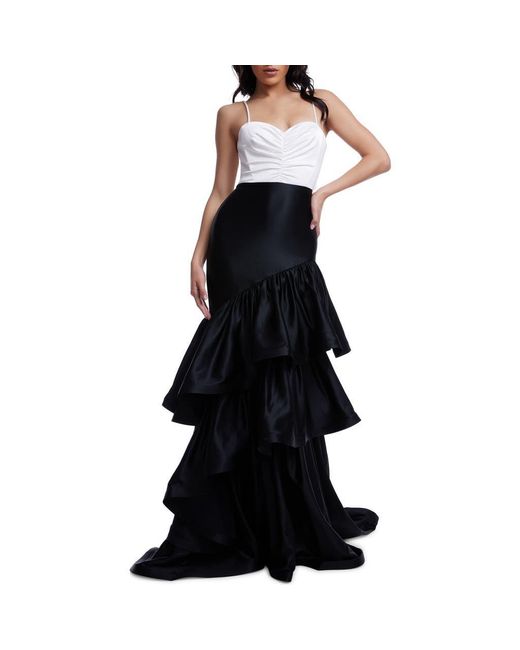 Dress the Population Black Clarice Tiered Ruffle Satin Gown