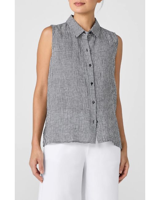 Eileen Fisher Blue Classic Gingham Sleeveless Organic Linen Button-up Shirt