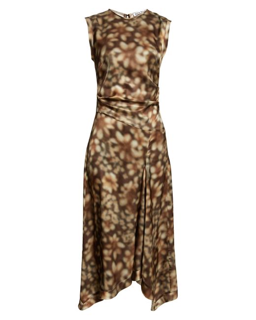 Acne Brown Difella Blurred Flower Satin Midi Dress